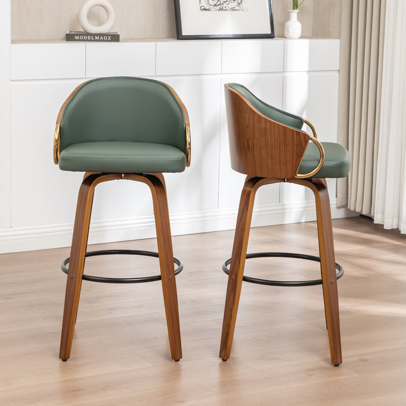 Mahtab Modern Set Of 2 Swivel Bar Stools With PU Upholstery And Wood Legs, Green, Counter Stool (25" Seat Height)