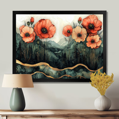 Fleurs de coquelicots sur un dessus de pierres émeraude II - coquelicots, art mural