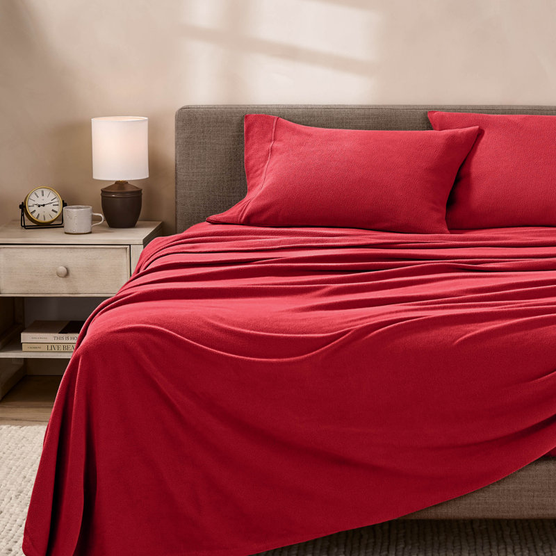 Ensemble de draps en molleton polaire ultra doux de qualité supérieure, Très grand avec 2 taies d'oreiller, Rouge