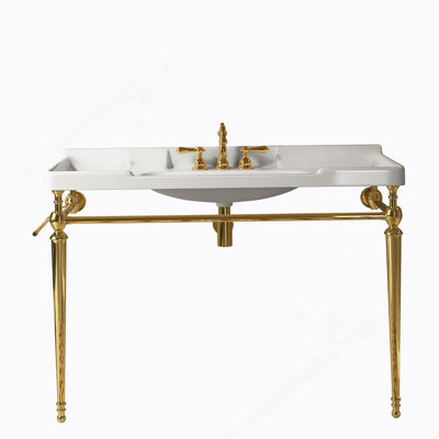 Bathroom Console Sink, Wall-Mounted Ceramic Vanity Basin With 3 Pre-Drilled Faucet Holes, Freestanding Stainless Steel Support Legs With Towel Bar