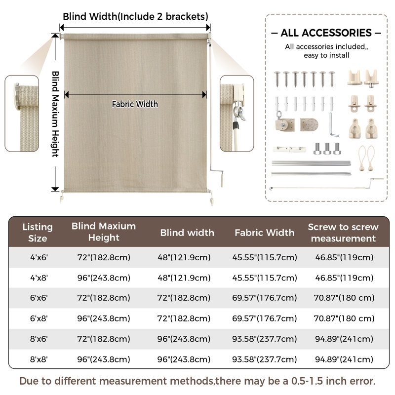  Écran solaire rétractable imperméable 90% UV Block Block, tissu PEHD sans fil pour patio, jardin, fenêtres, l 96 po x H 72 po, sésame.
