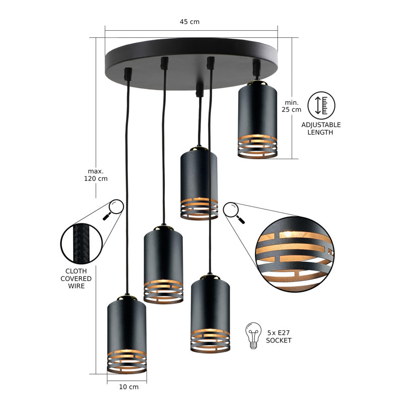 - Light Pendant, 5 Lights, Black/Gold