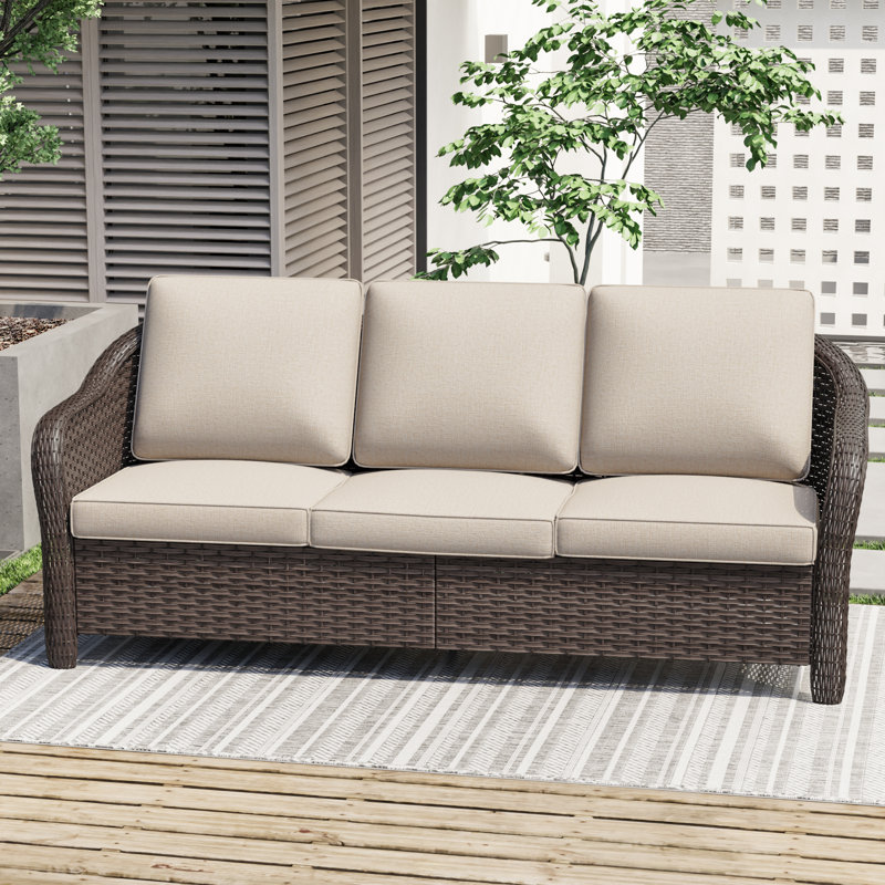 Canapé d'extérieur en polyéthylène pour 3 personnes avec coussins beiges, Beige