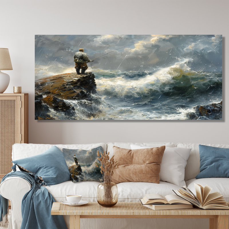 Cliffside Ocean Fishing - Chasse et pêche, art mural, Toile tendue, H 28 po x l 60 po x P 1,5 po