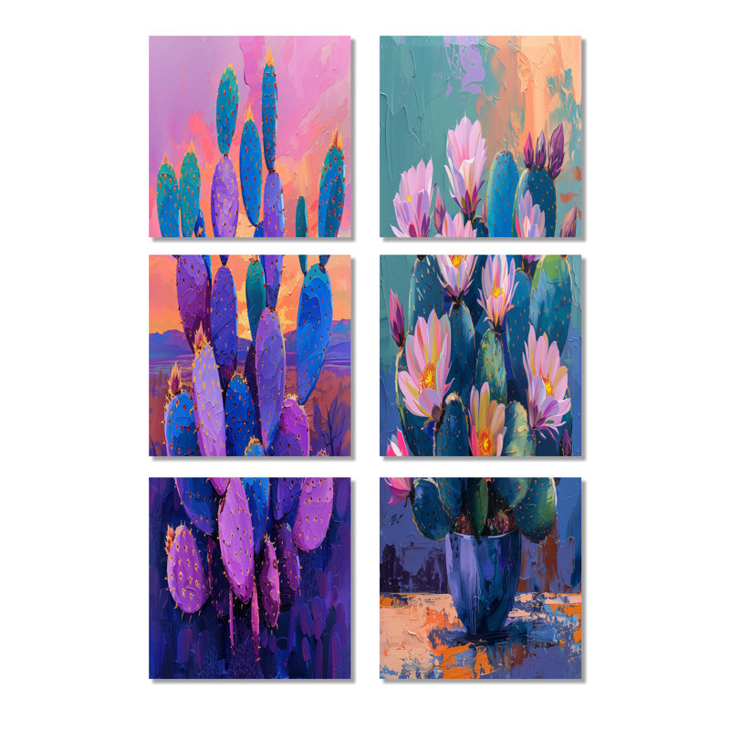 Cactus mauve et bleu Sunset Vibes - Ensemble de 6 décorations murales cactus floral, Toile tendue, Ne s’applique pas