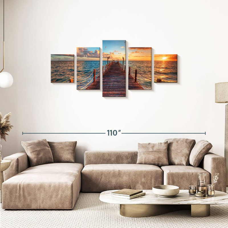 Coucher de soleil au-dessus d'un quai sur toile, ensemble de 5 pièces, H 74 po x l 34 po x P 1,25 po