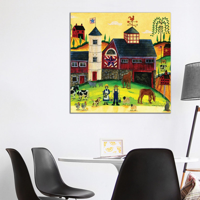 Red Barn Farmyard Folk Art by Cheryl Bartley - Print on Canvas, Wrapped Canvas, 93.98 cm H x 93.98 cm W x 3.175 cm D