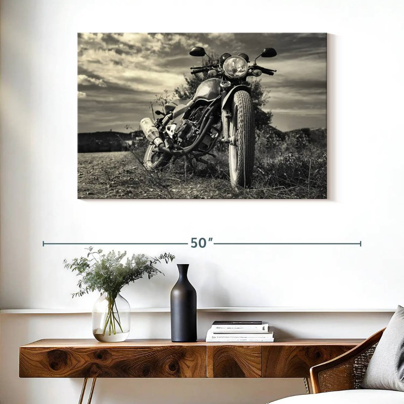 Motocyclette d'extérieur rétro sur toile, H 26 po x l 39 po x P 1,25 po
