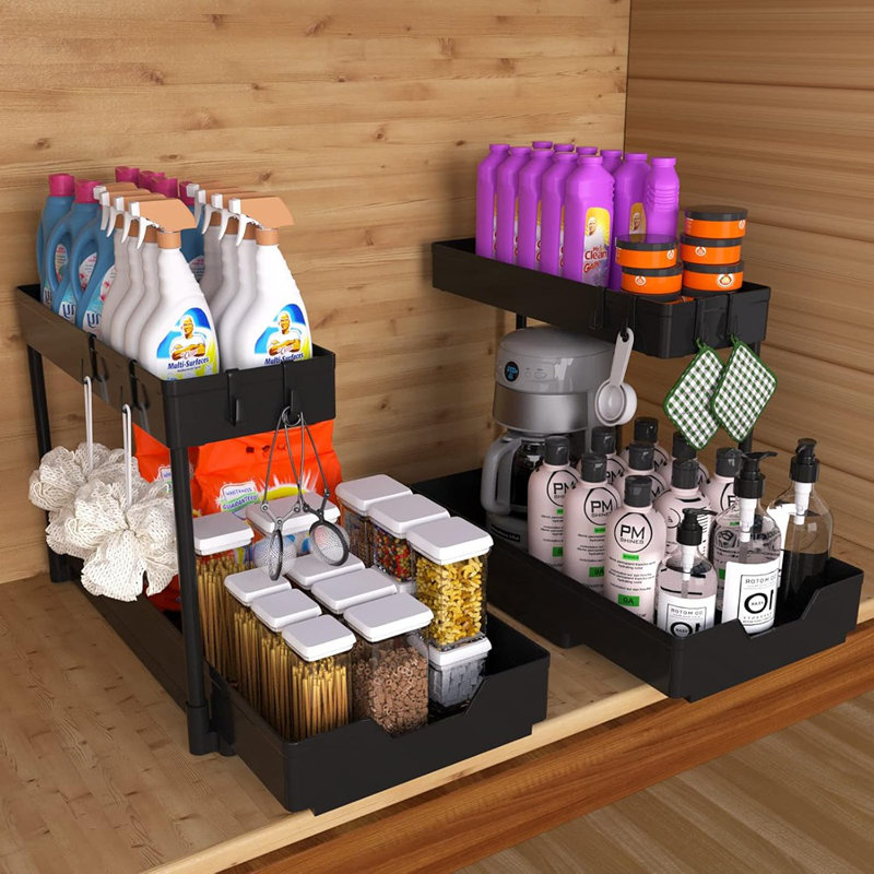 Ensemble de 2 sous-éviers de rangement - armoire de rangement coulissante noire à 2 niveaux, tablette étroite polyvalente en forme de L avec 4 crochets pour la cuisine et la salle de bain