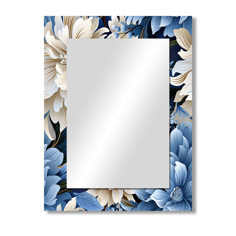 Motif floral den Deniah bleu et blanc zen - miroir décoratif floral, miroir mural floral, impression d'art en métal