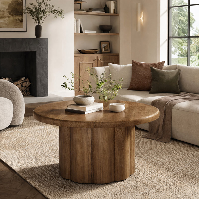 Table basse 31,5 "avec base cylindrique cannelée, table de salon de style campagnard pour appartements et petits espaces