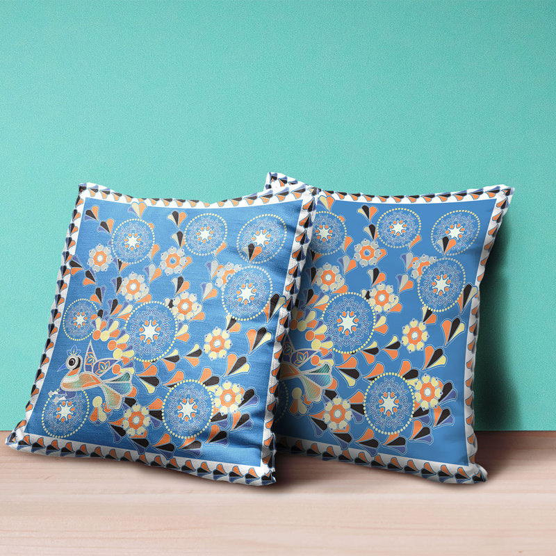 Floral Light Blue and Pale Orange Faux Suede Throw Pillow