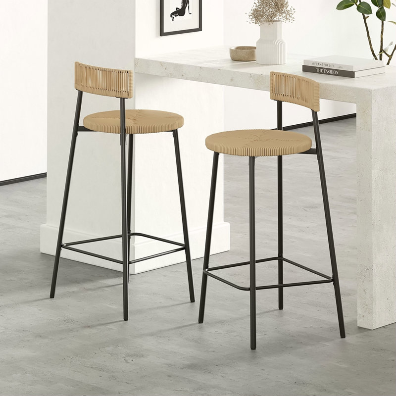 Tabourets de bar tissés à la main avec dossier, ensemble de 2 tabourets ronds en corde de papier avec repose-pieds pour îlot de cuisine et salle à manger