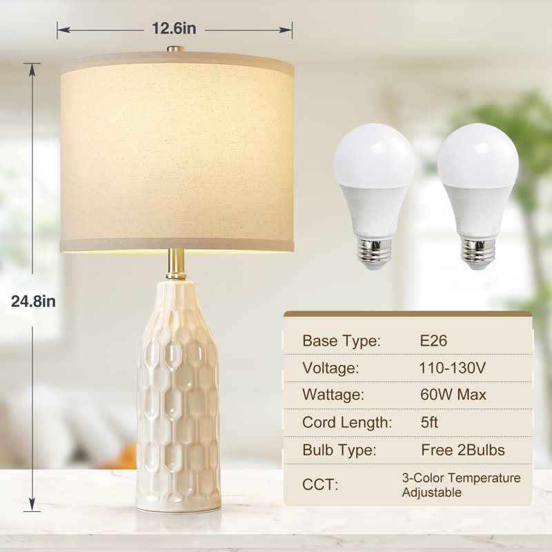 Blue Ceramic Table Lamp Set with White Linen Shades