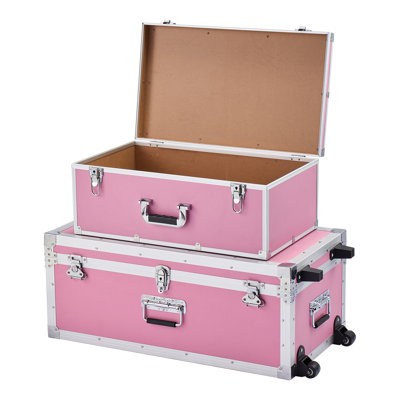 Coffre de rangement en métal, ensemble de 2 boîtes de rangement en bois avec cadenas, grand coffre comprenant des roulettes et 3 poignées en métal, coffre de rangement décoratif avec couvercles pour le voyage, appartement, dortoir, rose