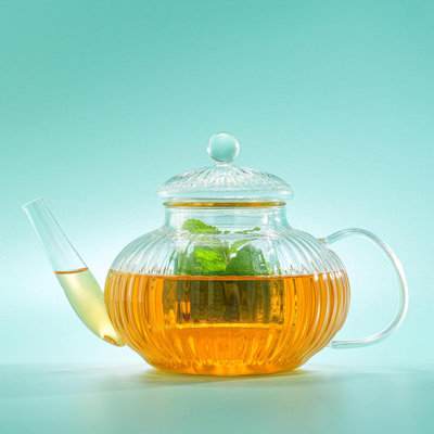 Stovetop Safe Borosilicate Glass Teapot Set with Removable Infuser and Double Wall Mugs, Ribbed Design Dishwasher Safe Tea Maker for Home Gift Decor