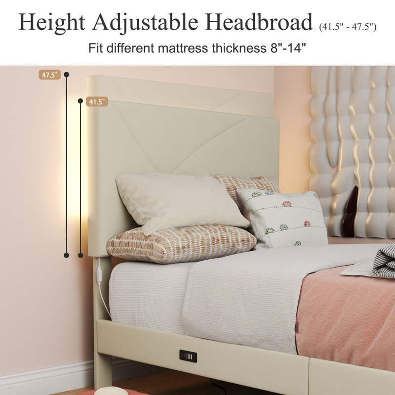 Yaneisy Upholstered Wingback Platform Bed with LED Ambient Lighting & USB Charging Ports Station Tufted Headboard, Beige
