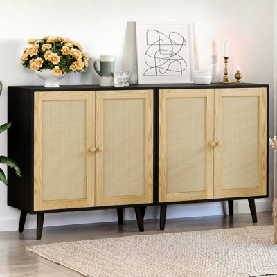 Set Of 2 Rattan Sideboard Buffet Cabinets, Stylish Accent Cabinets With Adjustable Shelves & Doors, Ideal For Kitchen & Entryway Storage, Black