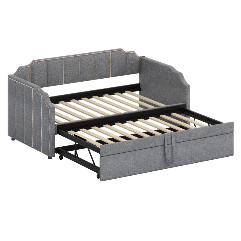 Multifunctional Lounge Bed Featuring Hidden Trundle Storage and Built-in Device Charging Ports, Gray