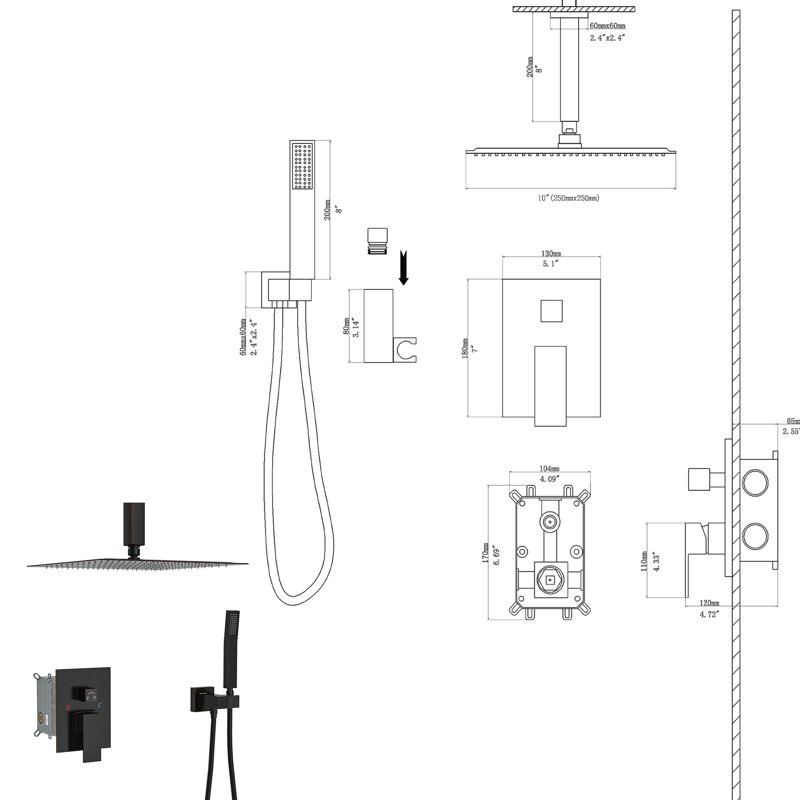 Douche à huile double en caoutchouc huilé - Pluie équilibrée de 1,8 gallon par minute avec douchette réglable au plafond