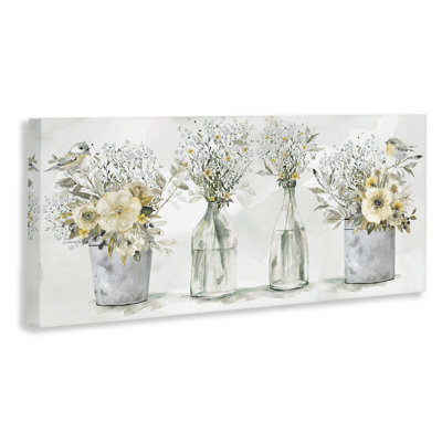 Farmhouse Floral Bouquets Song Birds Rustic Vases XL Stretched Canvas Wall Art By Carol Robinson