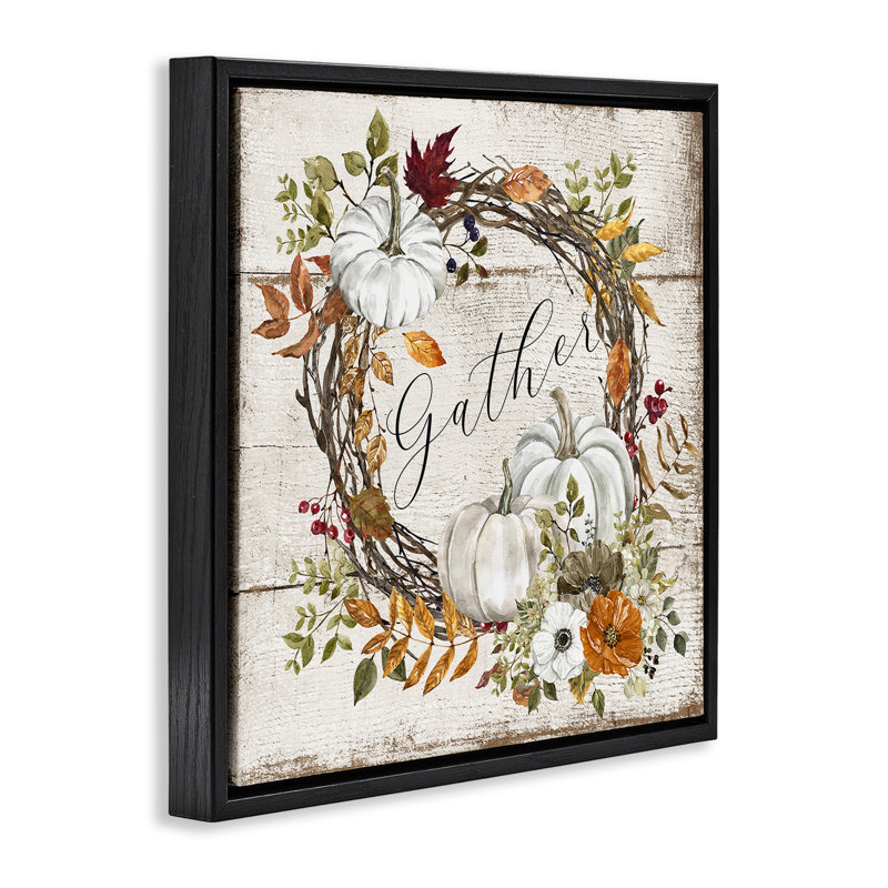 «Gather Autumnal Wreath», estampe numérique par LSR Design Studio, Cadre flottant noir de jais, H 18 po x l 18 po
