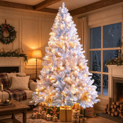 Sapin de Noël artificiel argenté pré-illuminé de 2,25 m, branches articulées avec support en métal, 1200 extrémités de branches, 400 lumières DEL, 11 modes d'éclairage, décoration de Noël intérieure et extérieure