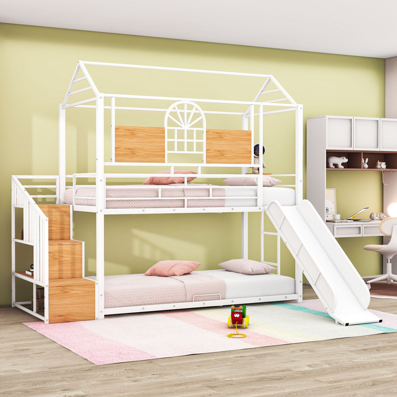 Twin Over Twin Metal House-Shaped Bunk Bed With Slide And Built-In Storage Stair, White
