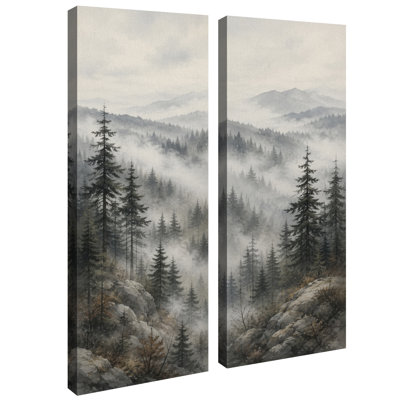 Paysage de forêt de pins de montagne brumeuse – Ensemble de 2 impressions d'art murales encadrées sur toile 32 po x 12 po x 2