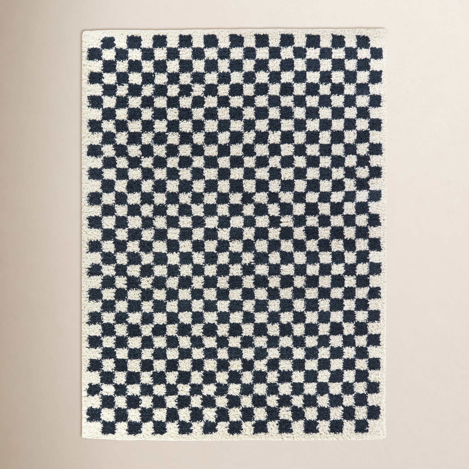 Walker Navy Blue White Checkered Shag Rug, Rectangle 6'7" x 9'