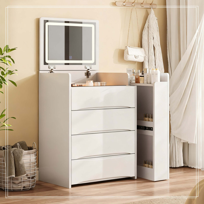 Bureau de coiffeuse à miroir 3 en 1 avec lumières et rangement, coiffeuse à maquillage avec DEL réglable, plateau coulissant latéral et tabouret, meuble peu encombrant pour la chambre à coucher (blanc)