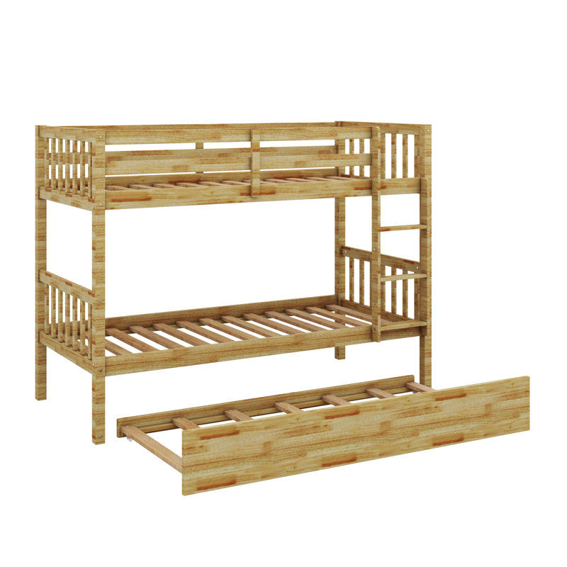 Lit superposé en bois d'hévéa avec lit gigogne escamotable, convertible en deux lits indépendants, Naturel