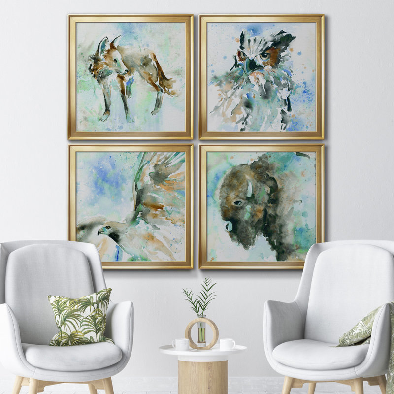 Fox on Blue - Ensemble de 4 peintures sur toiles encadrées, Toile encadrée noire, H 30,5 po x l 122 po x P 1,5 po