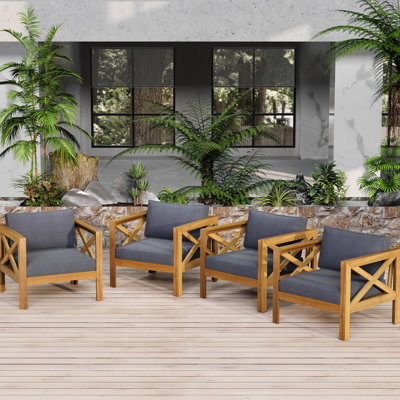 Outdoor Wood Club Armchair With Ergonomic Design And Waterproof Cushions, Finish Of 4 Comfortable Suitable For Industrial Areas