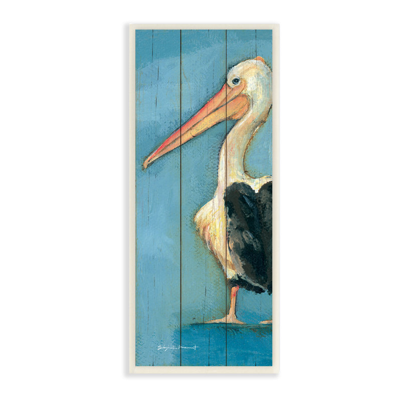 «Pelican Bird Over Blue Planked», reproduction d'art sur toile tendue, Plaque murale, H 17 po x l 7 po x P 0,5 po