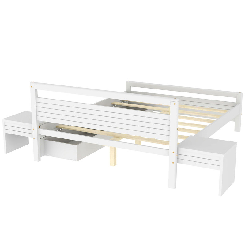 Lit plateforme en bois avec 2 tiroirs de rangement, Grand lit, Blanc