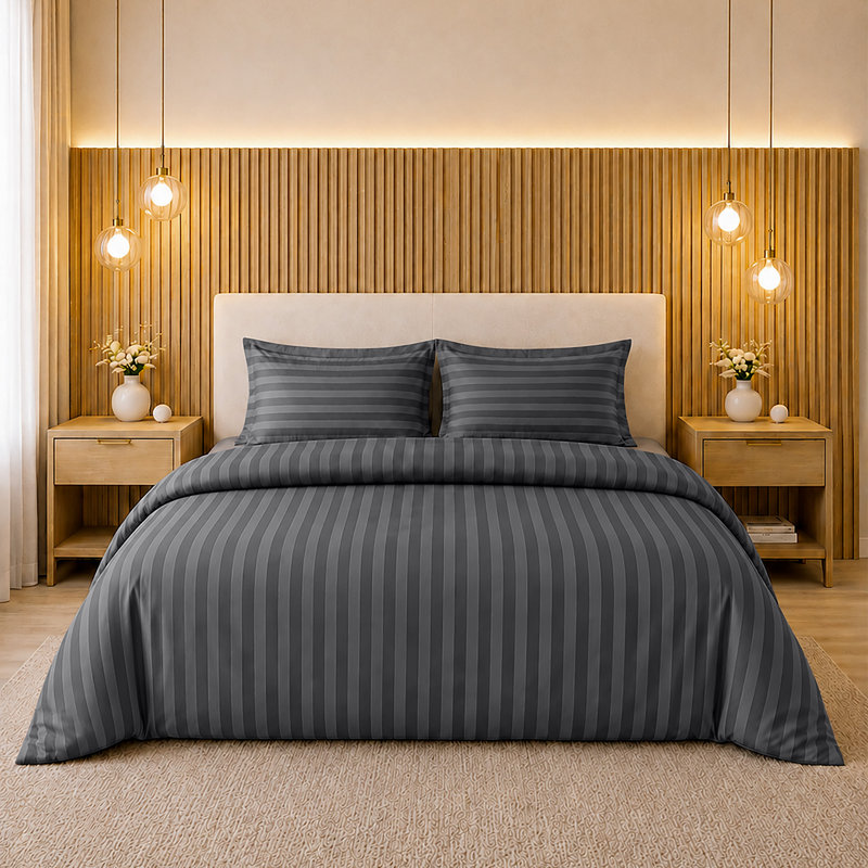 Microfiber Striped Duvet Cover Set with Pillowcases Included, Double Duvet Cover Set + 2 Standard Pillowcases, Grey