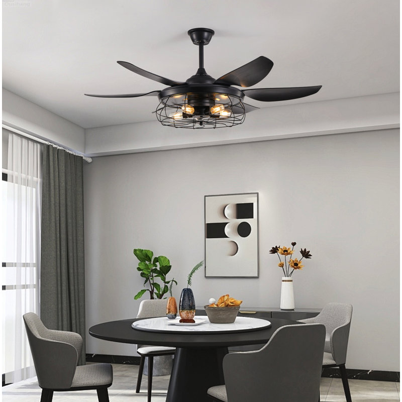 Ventilateur de plafond encastré moderne 52 po avec lumière noir mat moderne