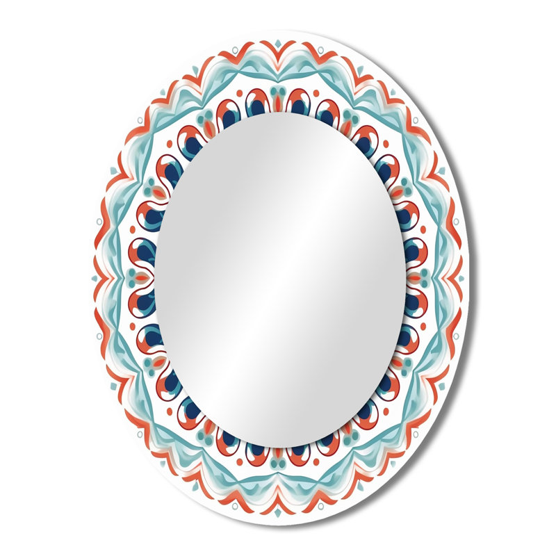 Mandala sacré en rétro bleu et orange I - Miroir décoratif géométrique ovale sur métal, 43 po x 33 po