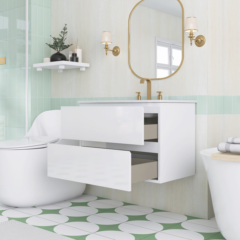 Meuble-lavabo mural simple 29,9 po avec comptoir en céramique, Blanc