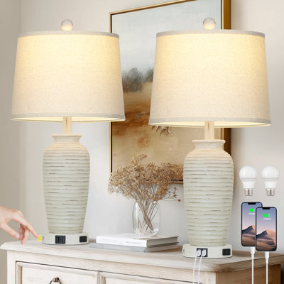Farmhouse Dimmable Bedside Table Lamps with Bulbs, USB Ports