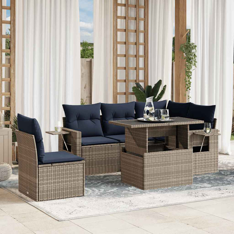 Ensemble de canapé de patio 6 pièces avec coussins en rotin de polyester, Gris, Marine