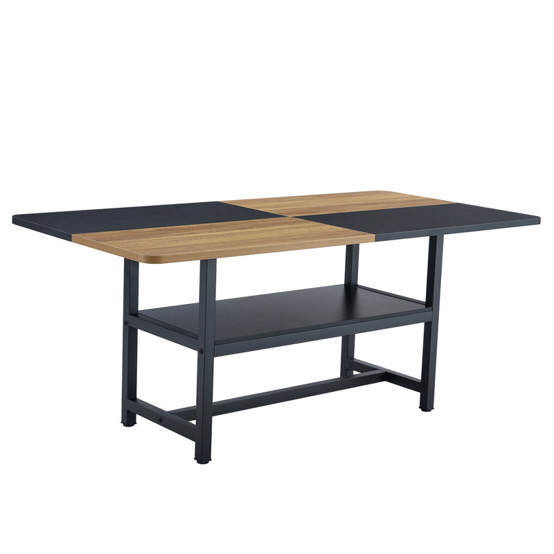 Multifunctional Dining Table: 71" L × 35.4" W × 30" H, Two-Tone Spliced Top & 43.3" Storage Shelf, Ideal For Family Gatherings & Modern Spaces.