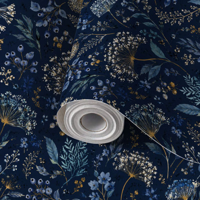 Papier auto-adhésif à peler et à coller Élégant motif floral délicat à feuilles d'or bleu foncé auto-adhésives et amovibles 17,7 po x 118 po (45 x 300 cm)