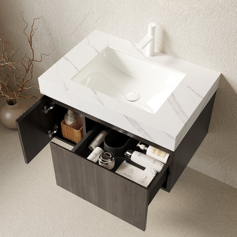 Meuble-lavabo de 30 po avec comptoir en pierre frittée blanche, vasque en céramique, armoire de rangement en contreplaqué, tiroir et porte, eau, meuble-lavabo à système de fermeture en douceur, trou de robinet pré-percé, flottant