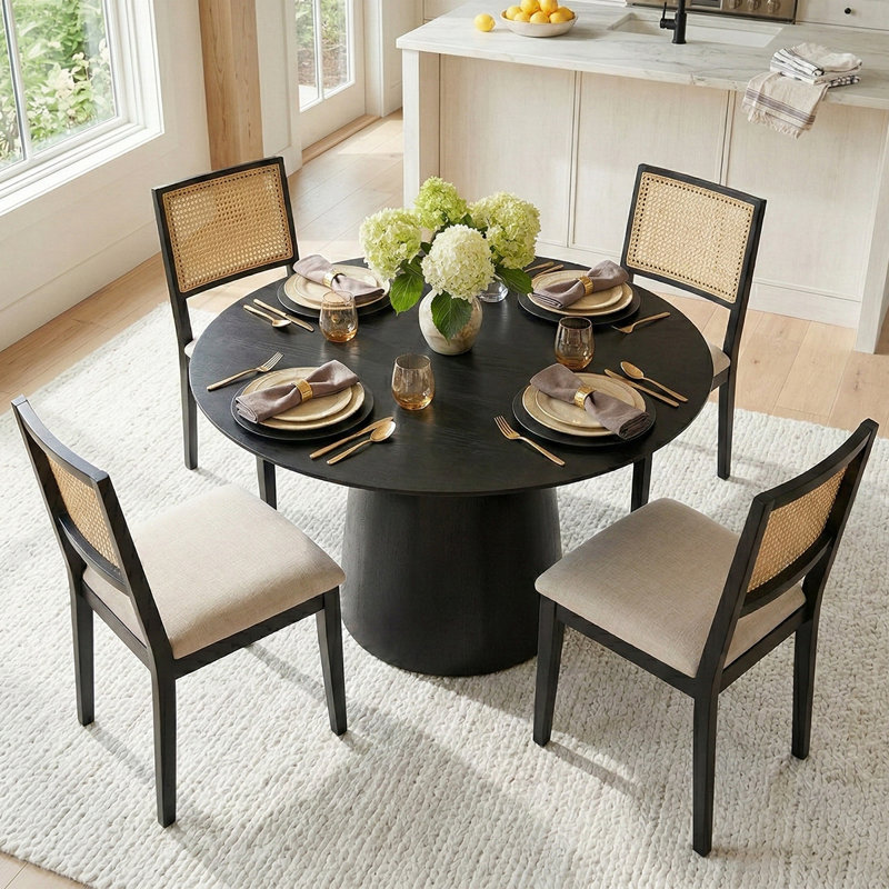 5-Piece Wood Dining Table Set For 4, Black/Beige