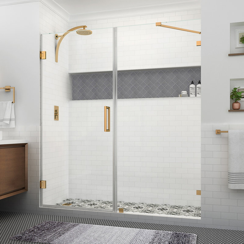 Nautis XL 73.25 to 74.25 in. W x 80 in. H Hinged Frameless Shower Door with Clear StarCast Glass, Brushed Gold