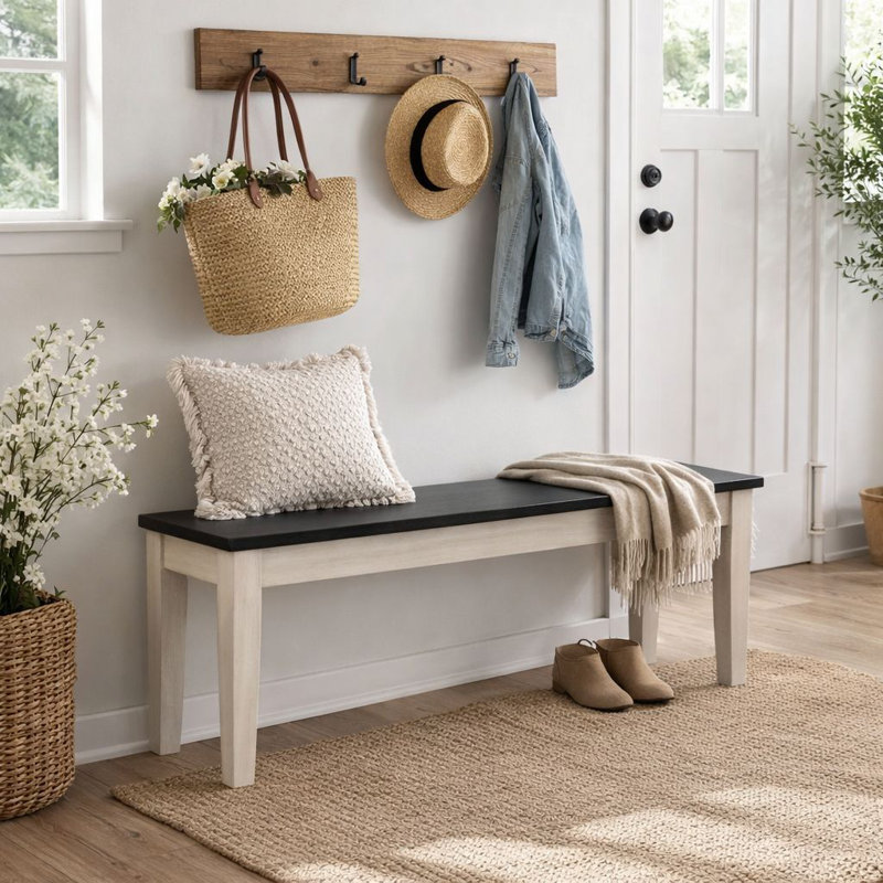 Weldy Solid Wood Bench, Antique White/European Black Ash