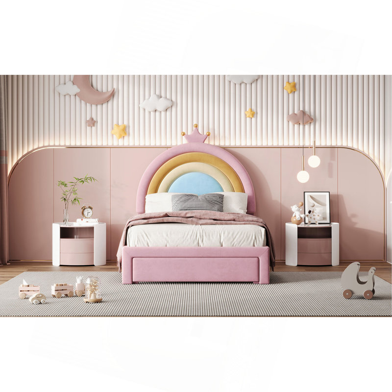 Lit simple tapissier arc-en-ciel, lit plateforme en velours avec tiroir de rangement, aucun sommier nécessaire, coloré et rose
