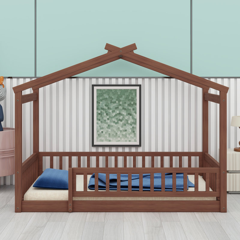 Wooden House Bed Frame with Decorative Fence, Walnut